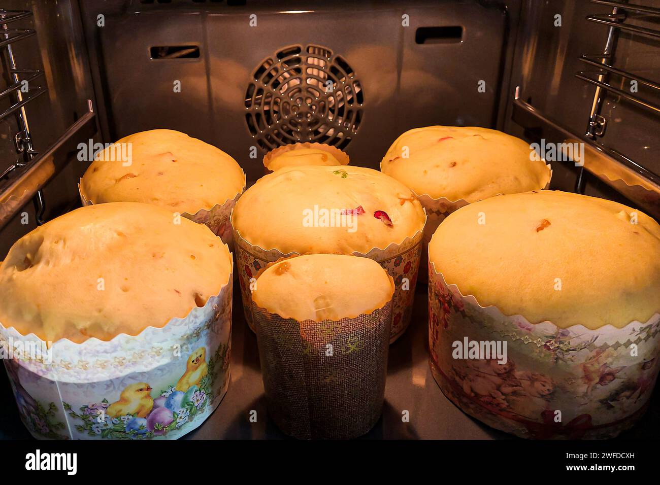 Traditional yeast Easter bread is baked in the oven. Easter cake Stock Photo
