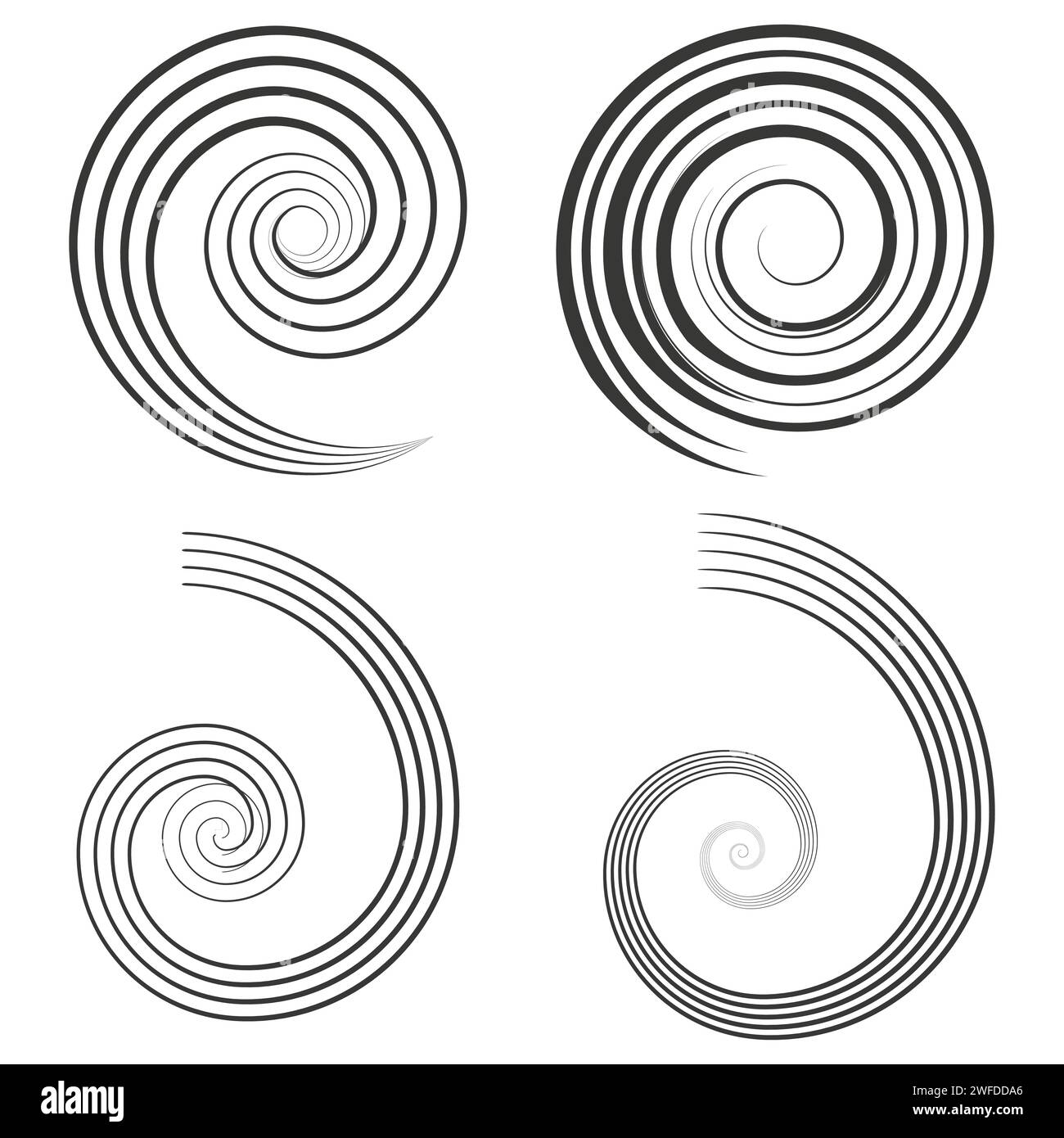 Spiral, swirl, twirl. Volute, helix, eddy and vortex shape. Radial lines with rotation. Vector illustration. Stock Vector