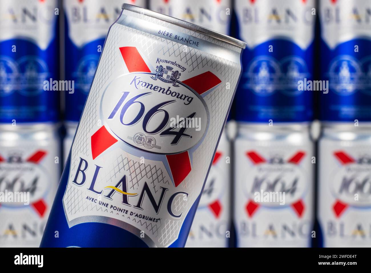 Dnipro, Ukraine, oct 13, 2023 Kronenbourg 1664 Blanc beer can. French