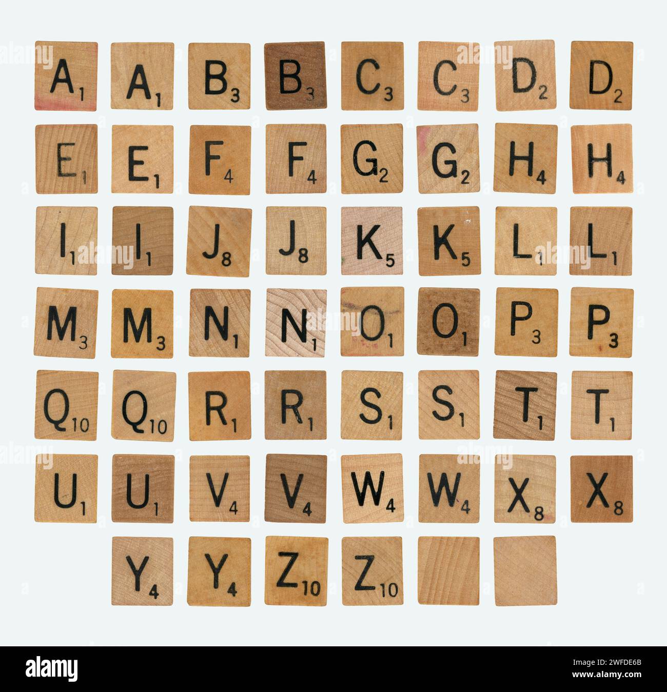 Set of Mixed Scrabble Game Pieces - Full Alphabet Isolated Stock Photo