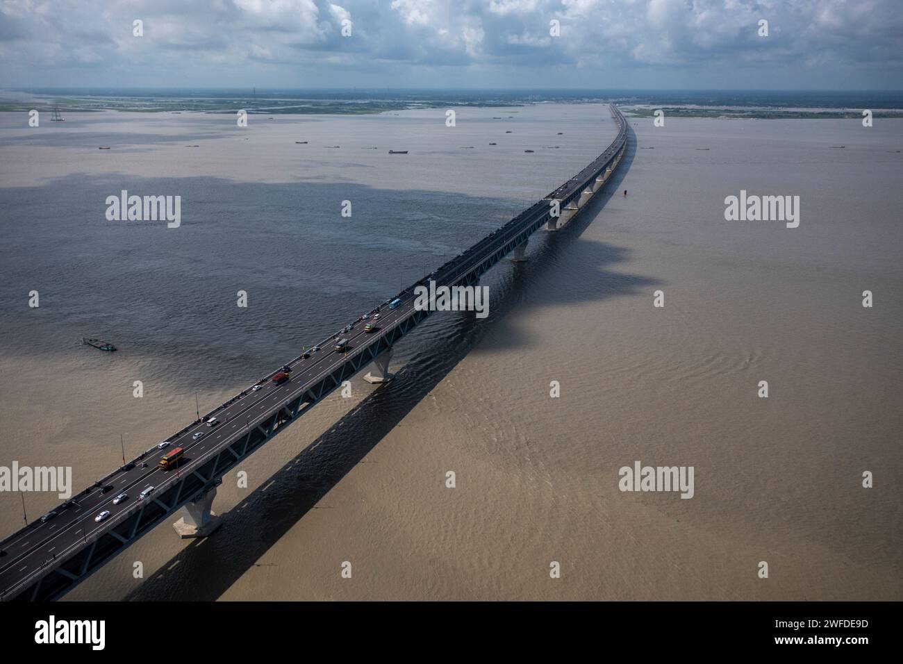 Aerial view of Padma bridge, over the padma river, Mawa, Munsiganj, Dhaka, Bangladesh. Stock Photo