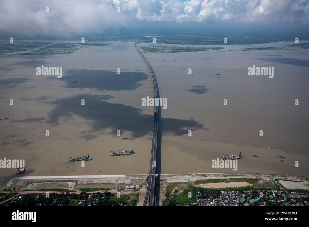 Aerial view of Padma bridge, over the padma river, Mawa, Munsiganj, Dhaka, Bangladesh. Stock Photo