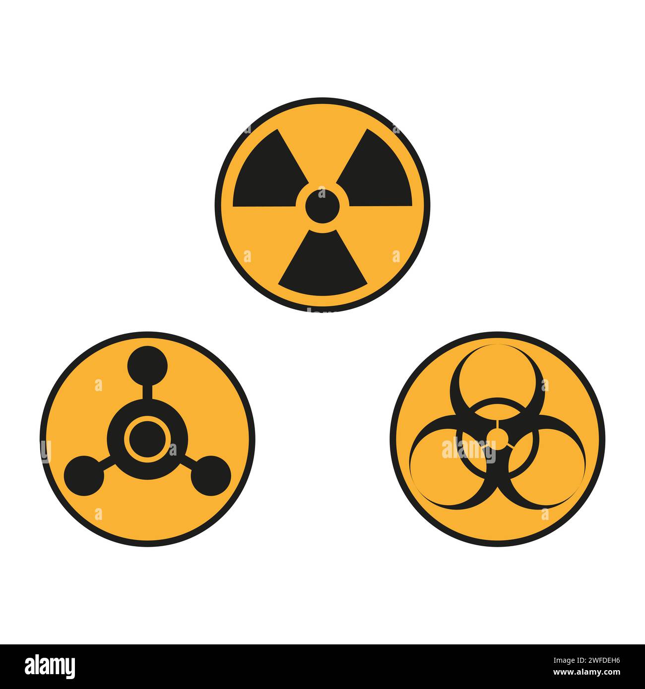 Warning signs, symbols. Danger, poison, biohazard, electricity, high voltage, chemical, waste, radioactive, explosion, bomb, flame, virus, toxic, icon Stock Vector