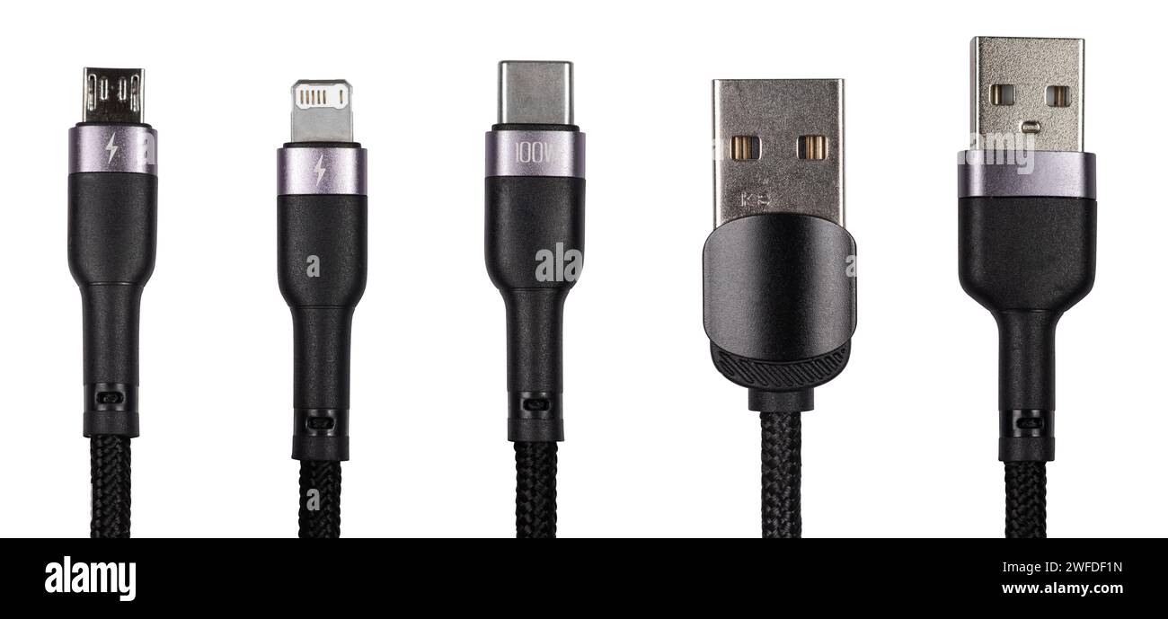 Phone charging cables on white background. Different usb charging plugs. USB Type C, Micro USB, Usb lightning. Stock Photo