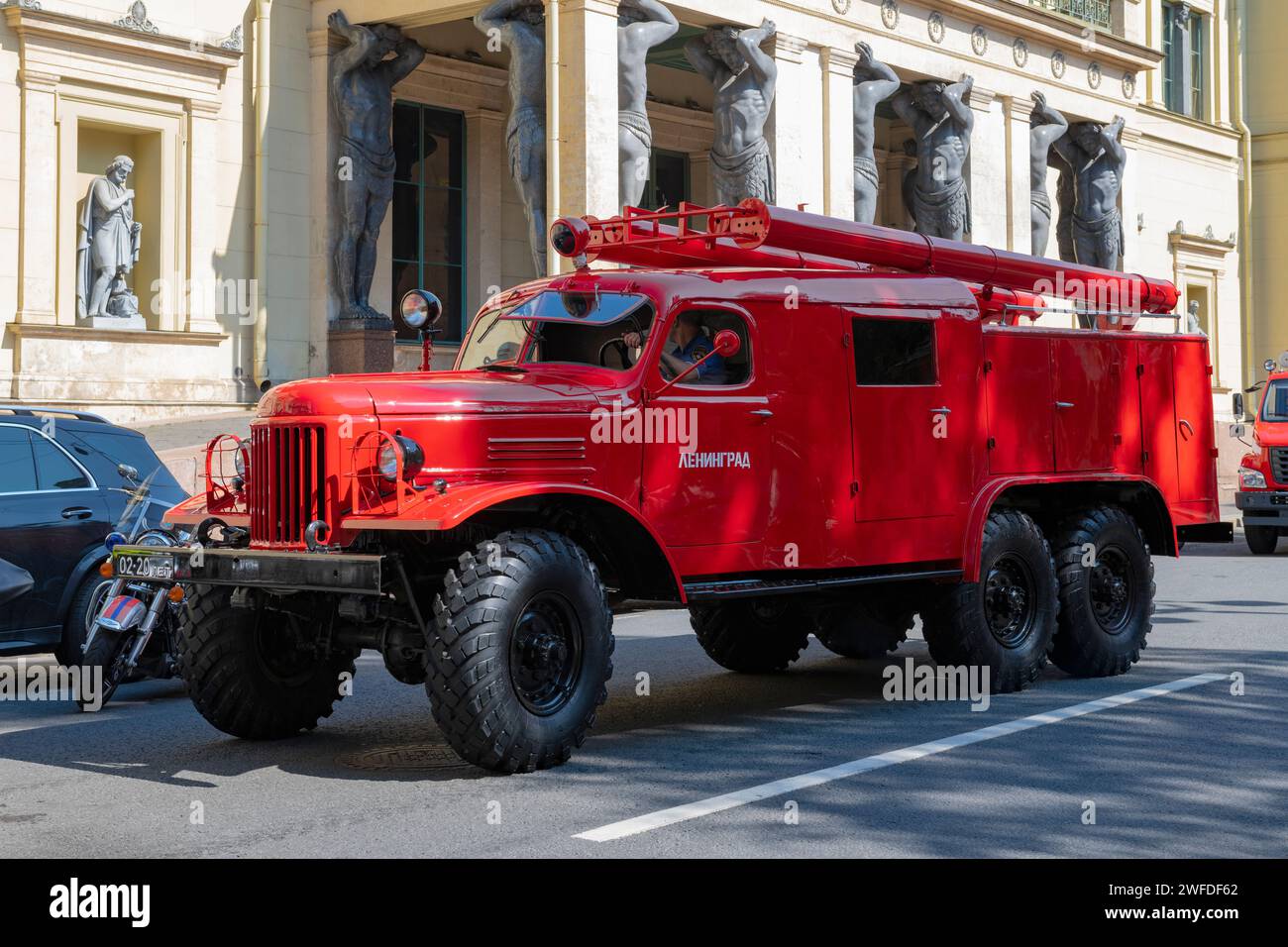 SAINT PETERSBURG, RUSSIA - JUNE 30, 2023: Soviet fire truck based on ZIL-157 at the building of the New Hermitage. Preparations for the parade in hono Stock Photo