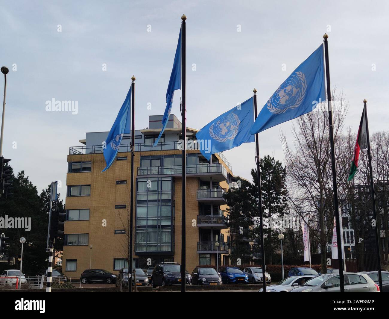 Flags of the United Nations are waving in the wind near the World Forum in the city of The Hague, Netherlands Stock Photo