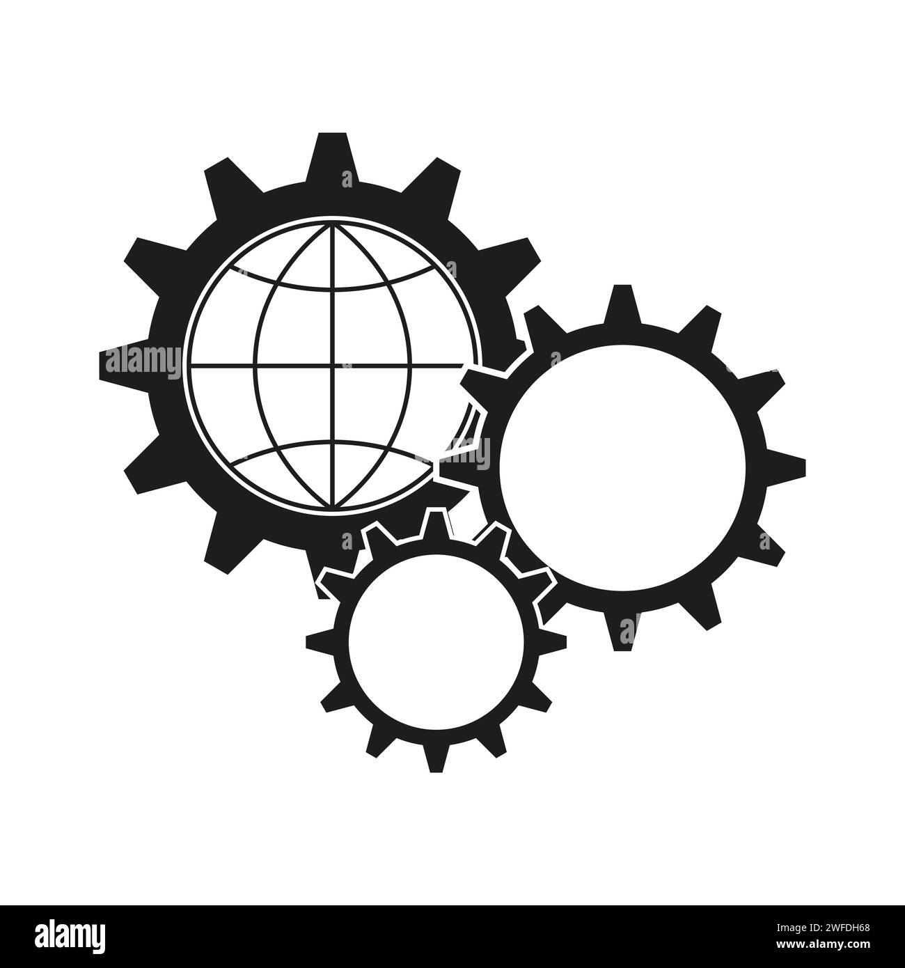 world mechanism icon, globe wiht gears, spin earth cogwheel, global engineering teamwork. Vector illustration. stock image. EPS 10. Stock Vector