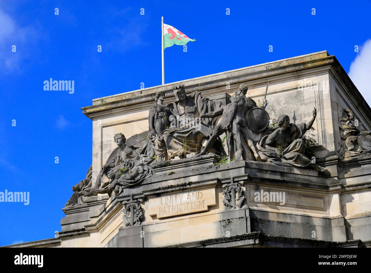 Unity and Patriotism, Sculpture, Cardiff City Hall, Cathays Park,  Cardiff, South Wales, UK. Stock Photo