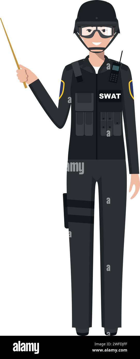 Standing SWAT Policewoman Officer with Wooden Pointer Stick in Traditional Uniform Character Icon in Flat Style. Stock Vector