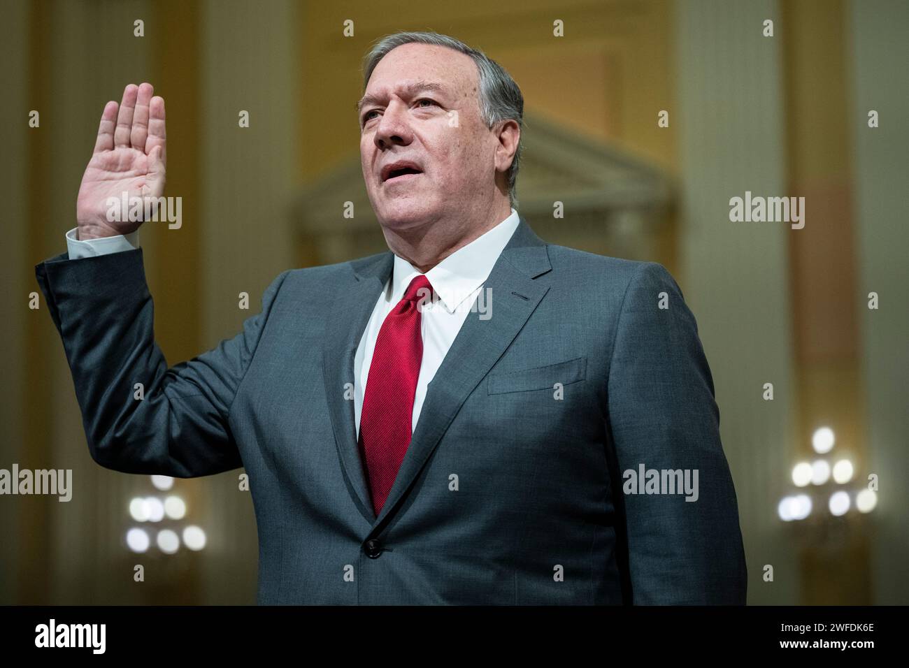 Washington, USA. 30th Jan, 2024. Former U.S. Secretary of State Mike Pompeo is sworn-in to testify during a House Select Committee on the Chinese Communist Party hearing on the Chinese Communist Party's support for America's adversaries, at the U.S. Capitol, in Washington, DC, on Tuesday, January 30, 2024. (Graeme Sloan/Sipa USA) Credit: Sipa USA/Alamy Live News Stock Photo