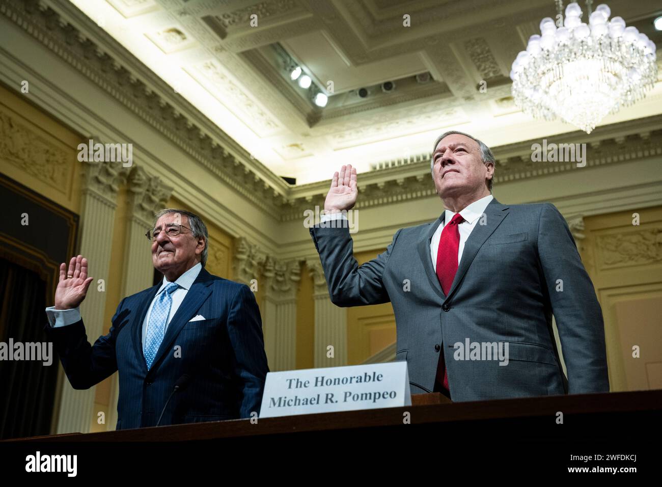 Washington, USA. 30th Jan, 2024. Former U.S. Secretary of Defense Leon Panetta, left, and former U.S. Secretary of State Mike Pompeo, right, are sworn-in to testify during a House Select Committee on the Chinese Communist Party hearing on the Chinese Communist Party's support for America's adversaries, at the U.S. Capitol, in Washington, DC, on Tuesday, January 30, 2024. (Graeme Sloan/Sipa USA) Credit: Sipa USA/Alamy Live News Stock Photo