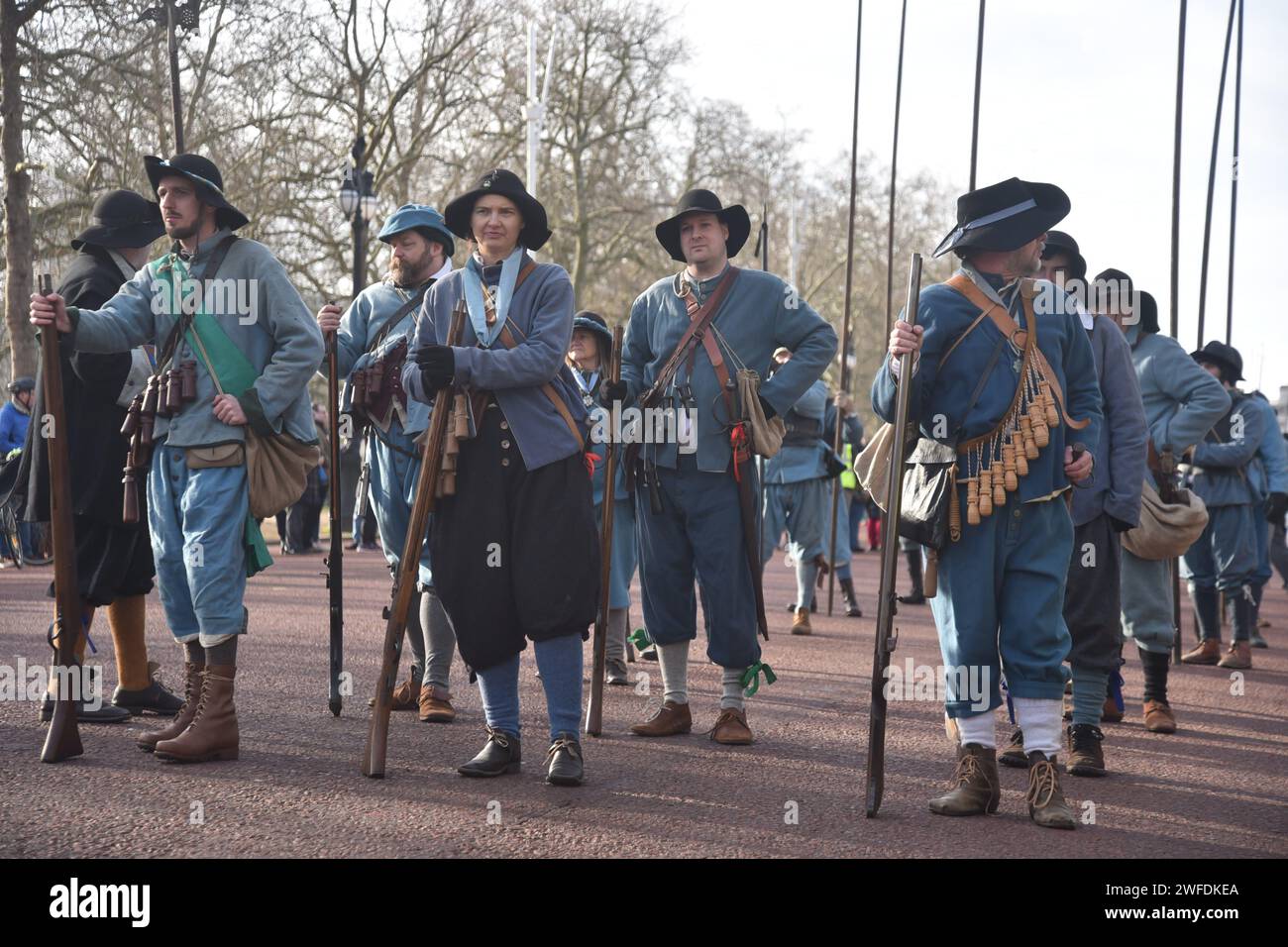 Members of the English Civil War Society march through central London to commemorate the execution of King Charles I following the civil wars Stock Photo