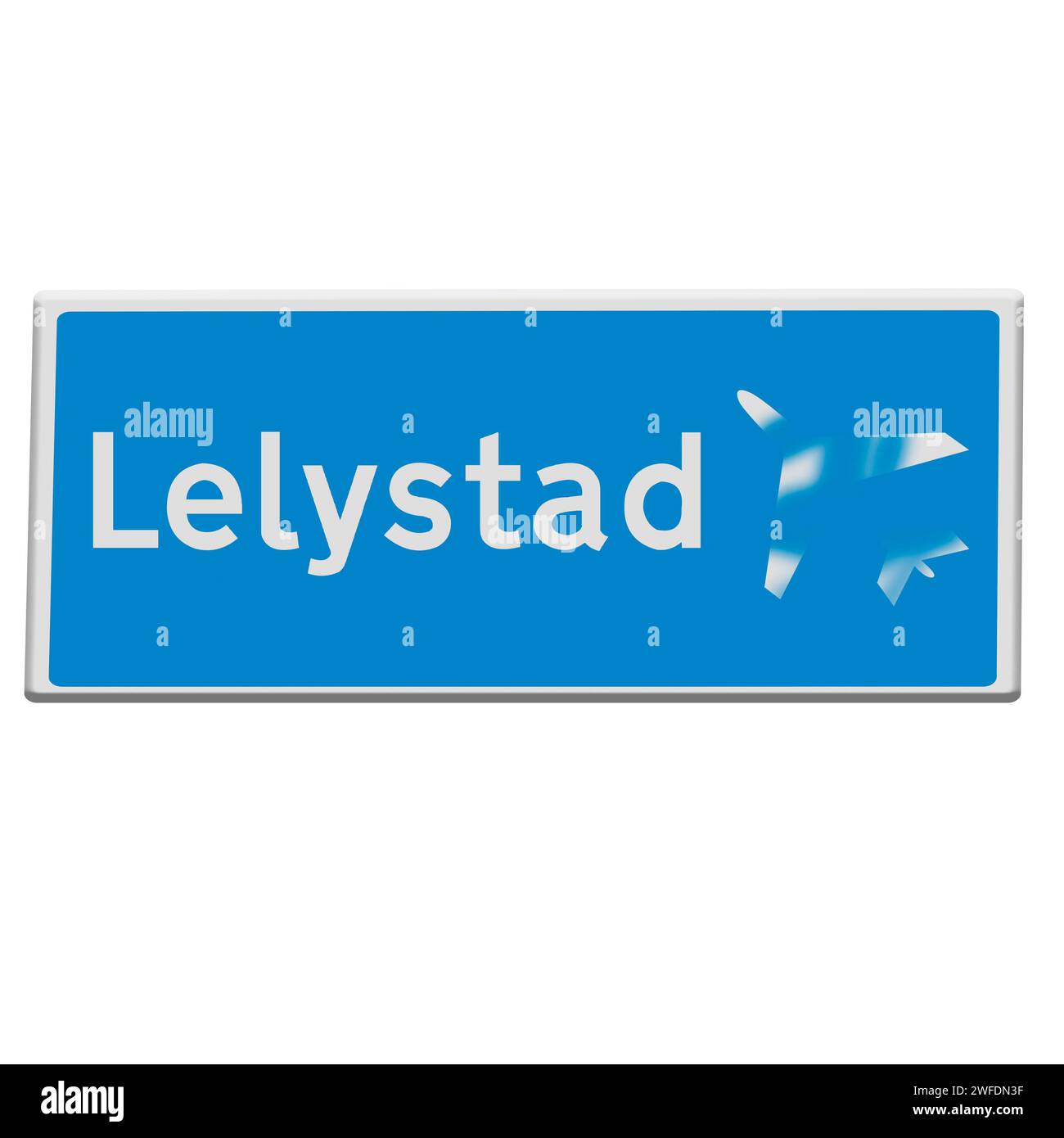 Amsterdam The Netherlands 30th January 2024 Digital illustration - Road sign for Lelystad airport with the aircraft sprayed over. Today a majority of the lower house of the Dutch parliament voted for a motion to stop plans for commercial aviation at Lelystad airport. The airport has long been a political hot potato with plans to open it to take holiday flights to relieve congestion at nearby Schiphol. Stock Photo