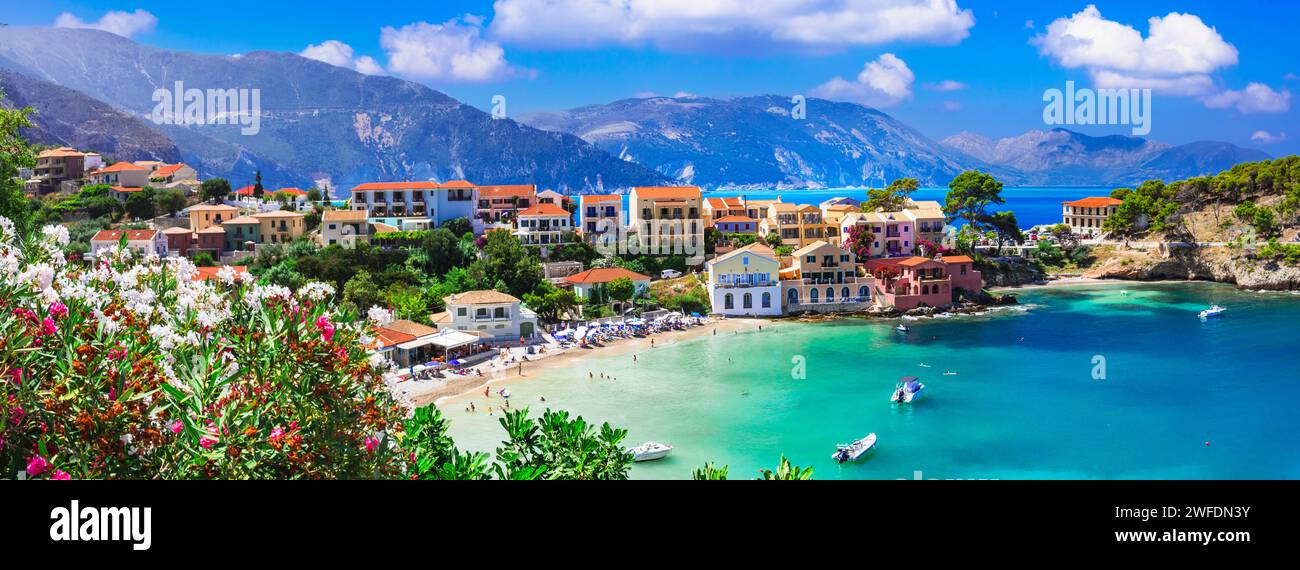 Greece  travel. One of the most beautiful traditional greek villages - scenic Assos in Kefalonia (Cephalonia) with colorful floral streets. Ionian isl Stock Photo