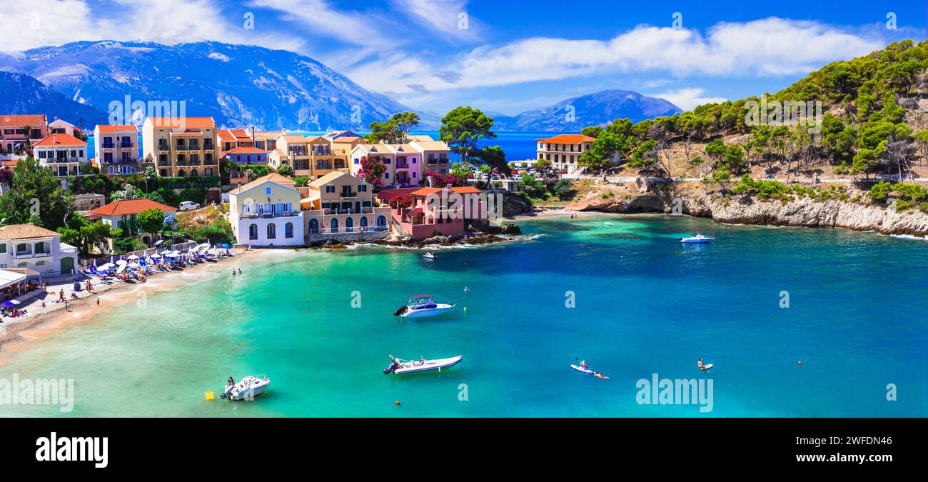 Greece  travel. One of the most beautiful traditional greek villages - scenic Assos in Kefalonia (Cephalonia) with colorful floral streets. Ionian isl Stock Photo