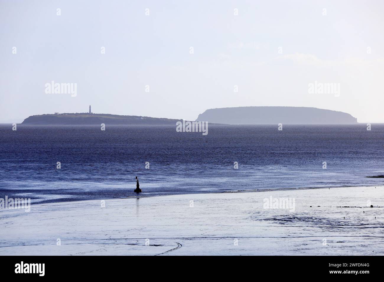 Flat Holm Island and Steep Holm Island, Severn Estuary from the barrage, Cardiff Bay, South Wales. Stock Photo