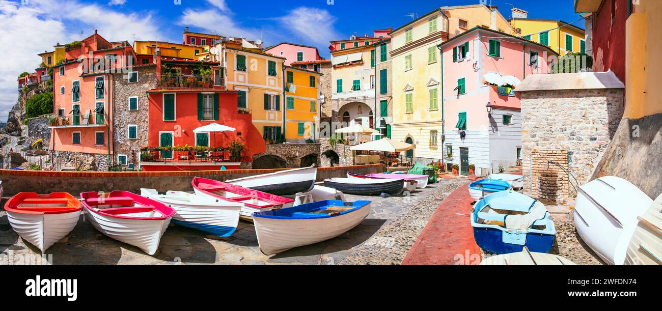 Italy travel, Liguria region.  Scenic colorful traditional village Tellaro with old fishing boats. la Spezia province Stock Photo