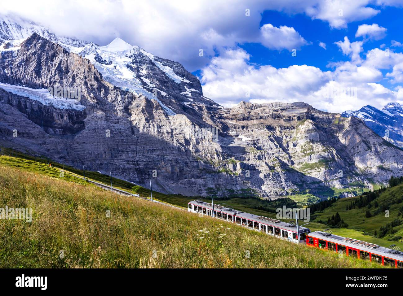 Idyllic swiss landscape scenery. Green pastures, snowy peaks of Alps mountains and railway road with passing train. Kleine Scheidegg station, Switzerl Stock Photo