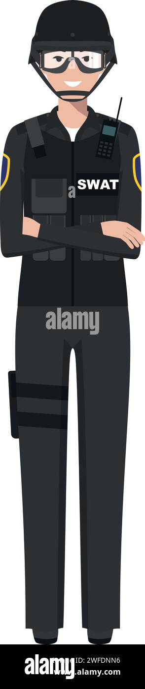 Standing SWAT Policewoman Officer in Traditional Uniform Character Icon in Flat Style. Stock Vector