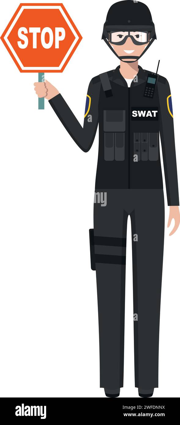 Standing SWAT Policewoman Officer with Warning Sign Stop in Traditional Uniform Character Icon in Flat Style. Stock Vector