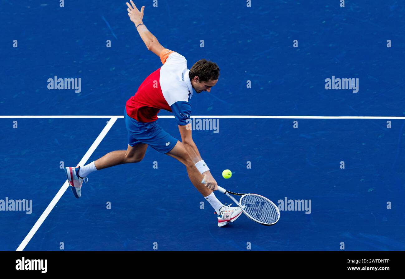 Daniil MEDVEDEV (RUS) vs Benoit PAIRE (FRA) during their Singles Round 1 match as part of the Abierto Mexicano Telcel presentado por HSBC at the Arena GNP Seguros on February 22, 2022 in Acapulco, Mexico. Photo by Victor Fraile / Power Sport Images Stock Photo