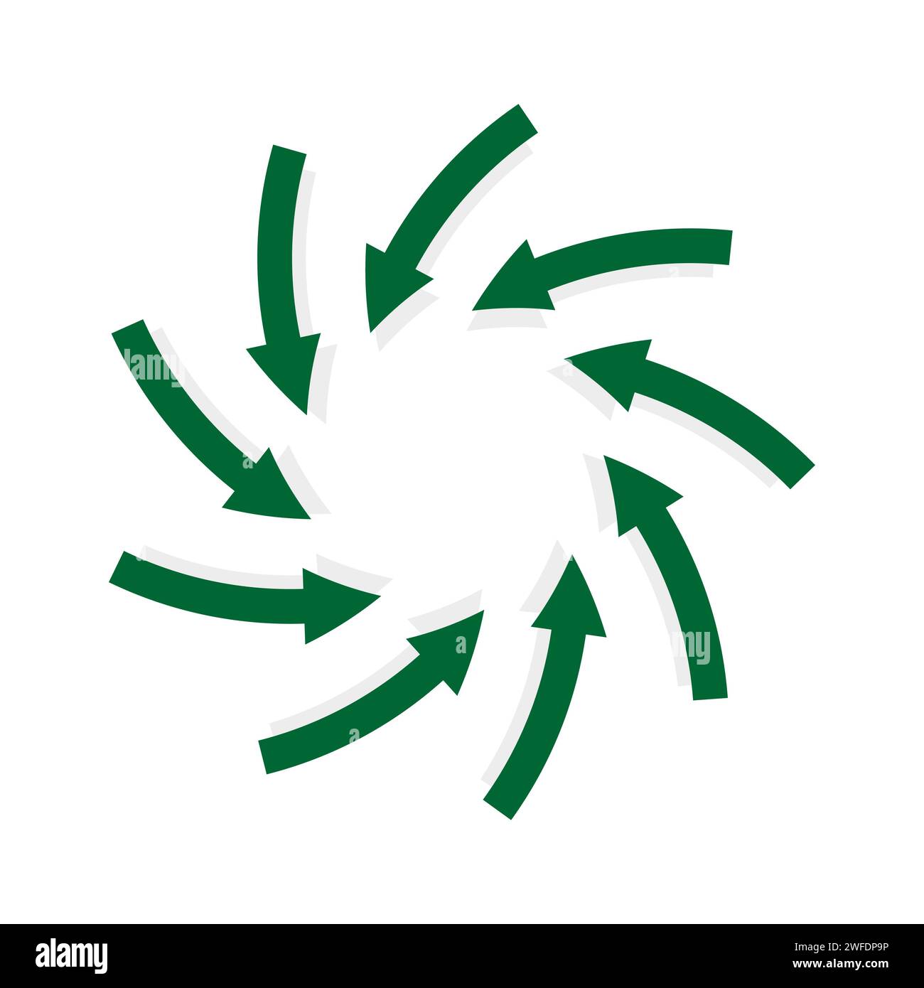 Abstract shape with green arrows. Rotating green arrows point inwards