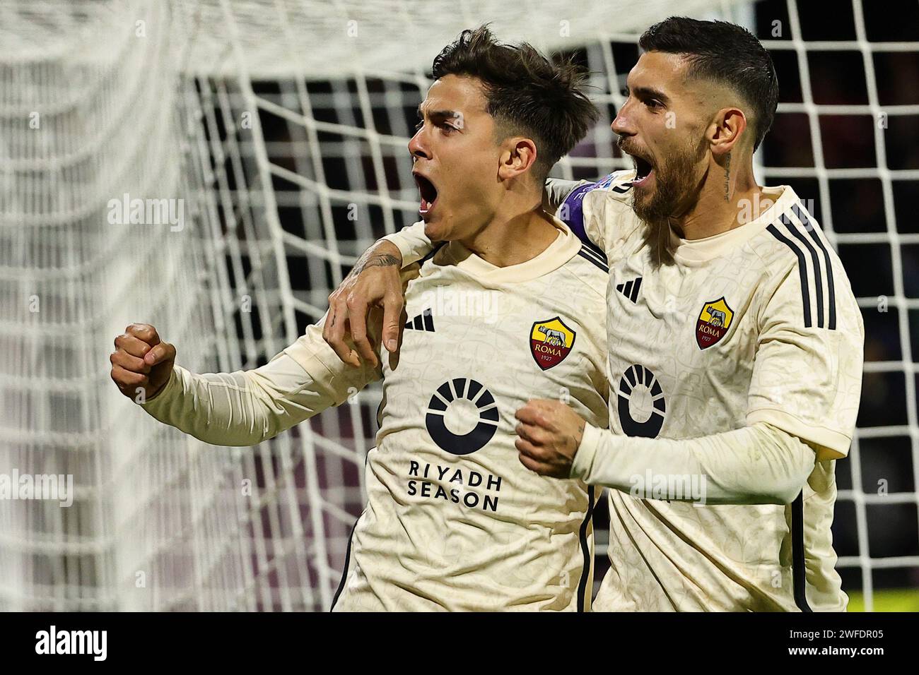 Paulo Dybala of AS Roma celebrates with team mate Lorenzo Pellegrini, after scoring the goal of 0-1 during the Serie A football match between US Salernitana and AS Roma at Arechi stadium in Salerno (Italy), January 29th, 2024. Stock Photo