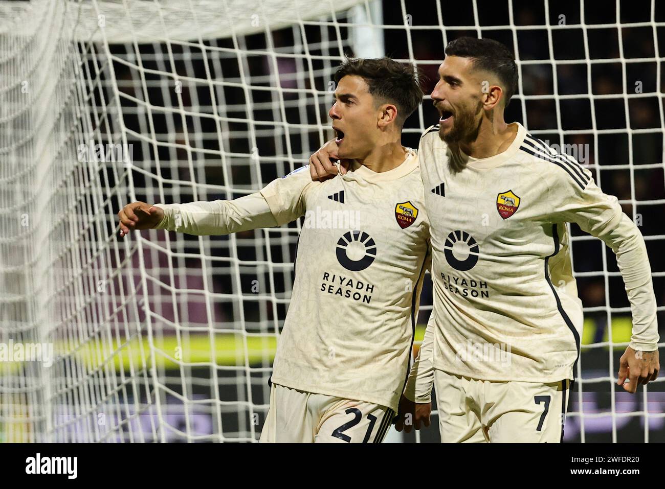 Paulo Dybala of AS Roma celebrates with team mate Lorenzo Pellegrini, after scoring the goal of 0-1 during the Serie A football match between US Salernitana and AS Roma at Arechi stadium in Salerno (Italy), January 29th, 2024. Stock Photo