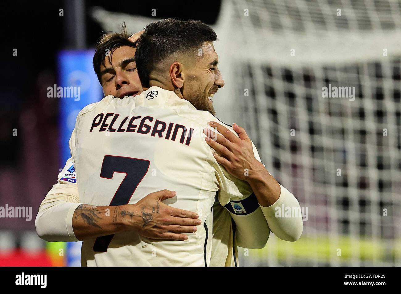 Lorenzo Pellegrini of AS Roma celebrates with team mate Paulo Dybala, after scoring the goal of 1-2 during the Serie A football match between US Salernitana and AS Roma at Arechi stadium in Salerno (Italy), January 29th, 2024. Stock Photo