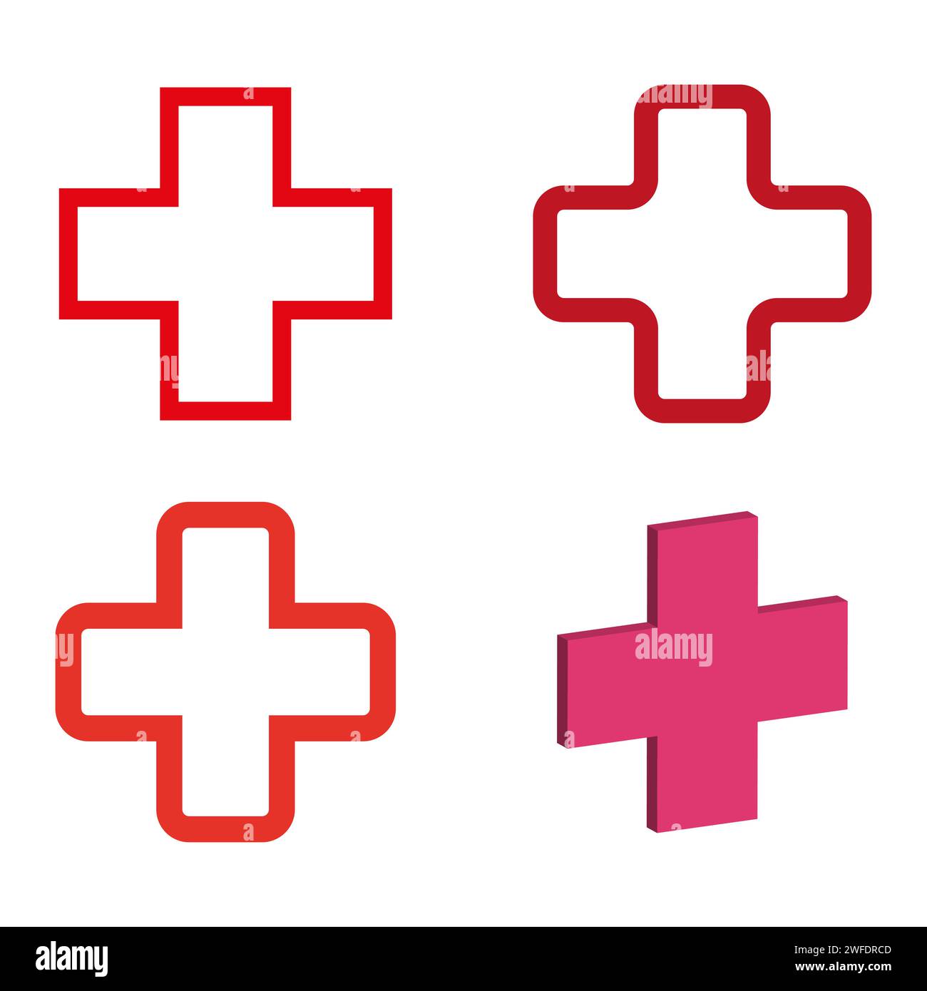 The white cross in a red stroke icon set. Crosses made of red lines on