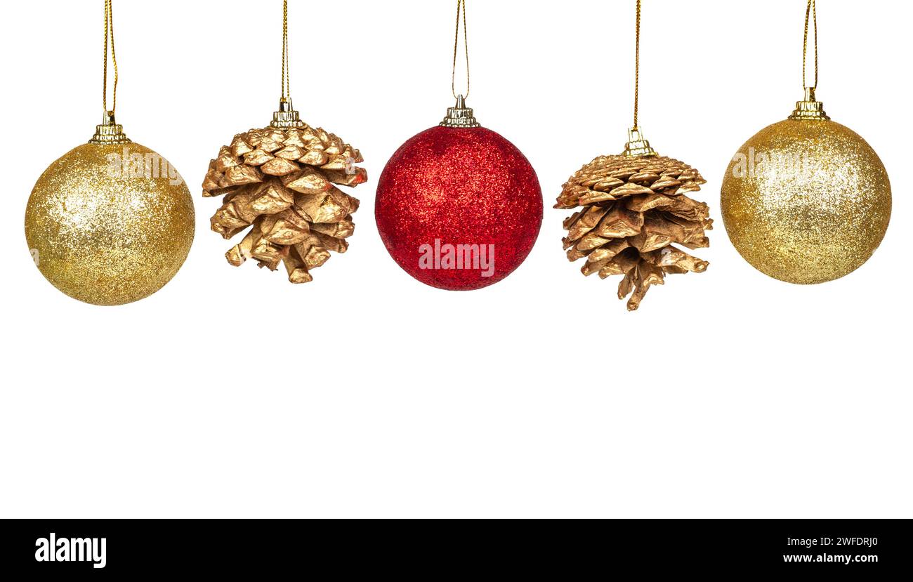 Group of colorful christmas tree baubles hangers in gold and red with