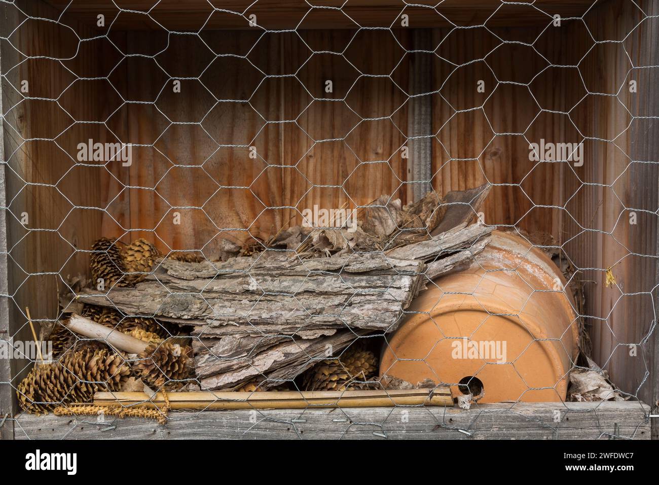 Bug hotel made from tree bark, pine cones and flowerpot for insects to