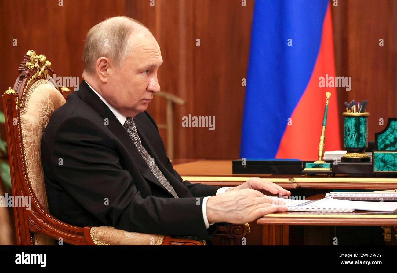 Moscow, Russia. 30th Jan, 2024. Russian President Vladimir Putin listens to Russian Academy of Sciences President Gennady Krasnikov during a face-to-face meeting at the Kremlin, January 30, 2024 in Moscow, Russia. Credit: Gavriil Grigorov/Kremlin Pool/Alamy Live News Stock Photo