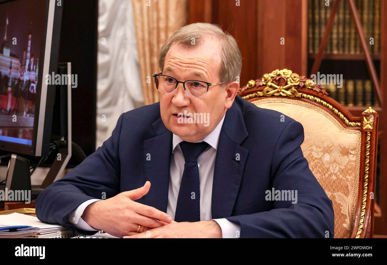 Moscow, Russia. 30th Jan, 2024. Russian Academy of Sciences President Gennady Krasnikov remarks during a face-to-face meeting with Russian President Vladimir Putin at the Kremlin, January 30, 2024 in Moscow, Russia. Credit: Gavriil Grigorov/Kremlin Pool/Alamy Live News Stock Photo
