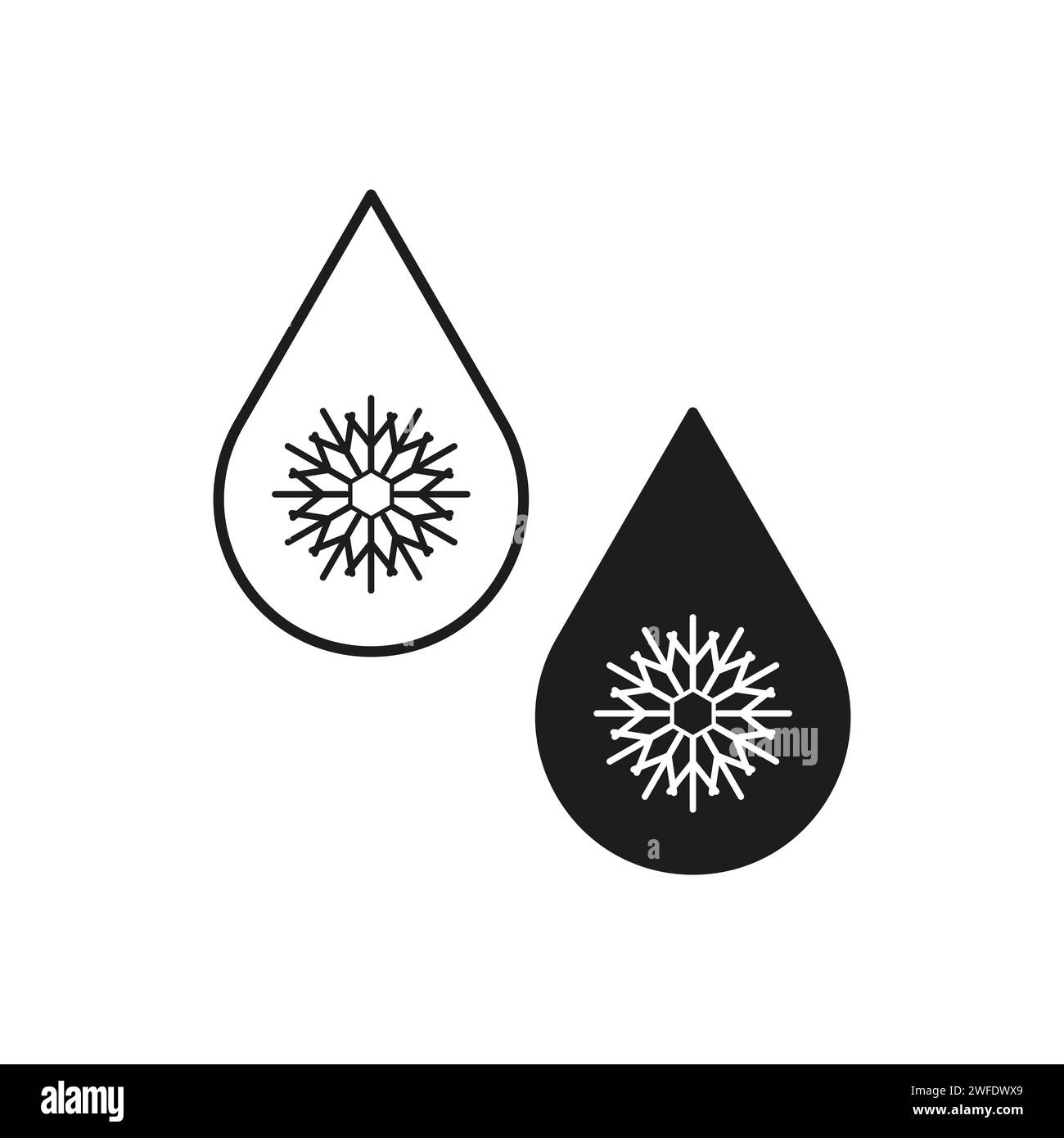 Frozen water icon set. Antifreeze symbol. Drop with snowflake sign