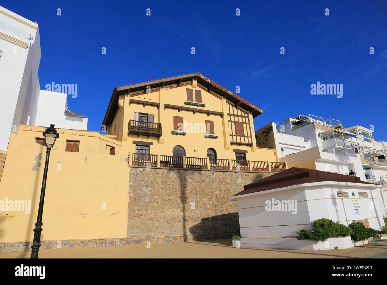 Rota, Cadiz, Spain- October 10, 2023: Beautiful houses in the promenade of Playa de la Costilla in Rota city Stock Photo