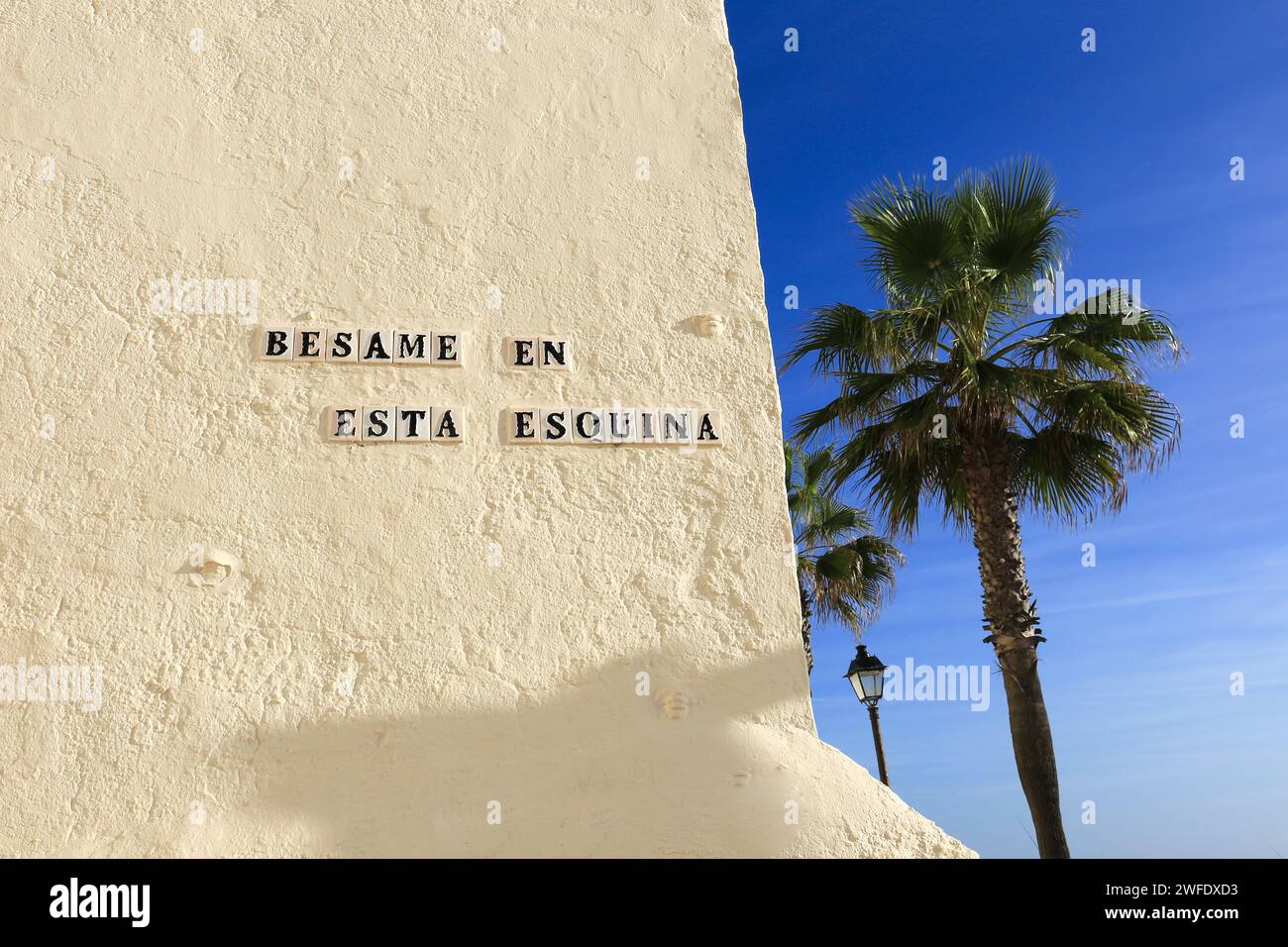 Rota, Cadiz, Spain- October 10, 2023:Famous corner called ' Besame en esta esquina' in Playa de la Costilla beach in Rota city, Cadiz, on a sunny day Stock Photo