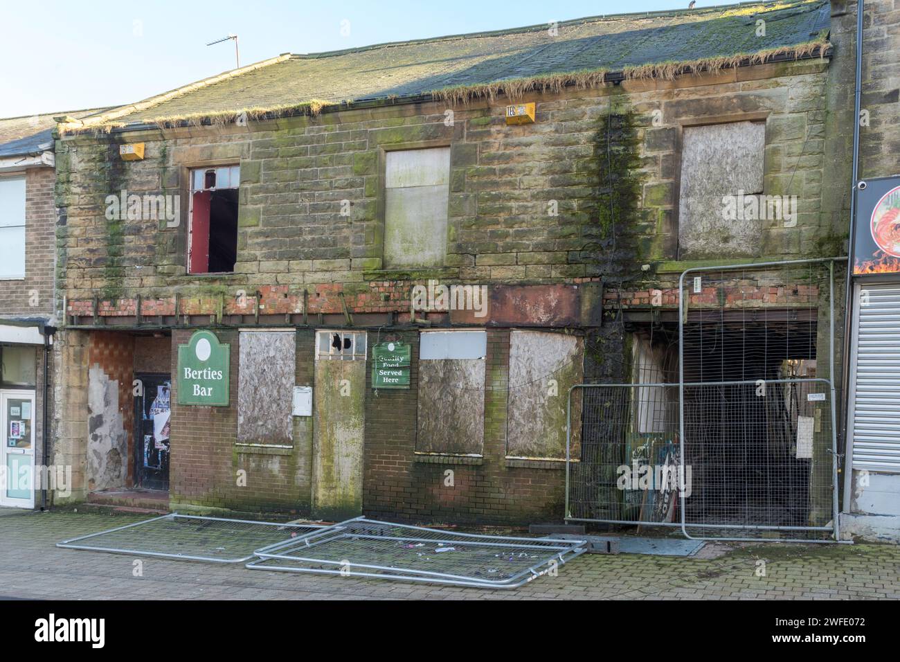 A derelict building formerly Berties Bar, in Front Street, Stanley town