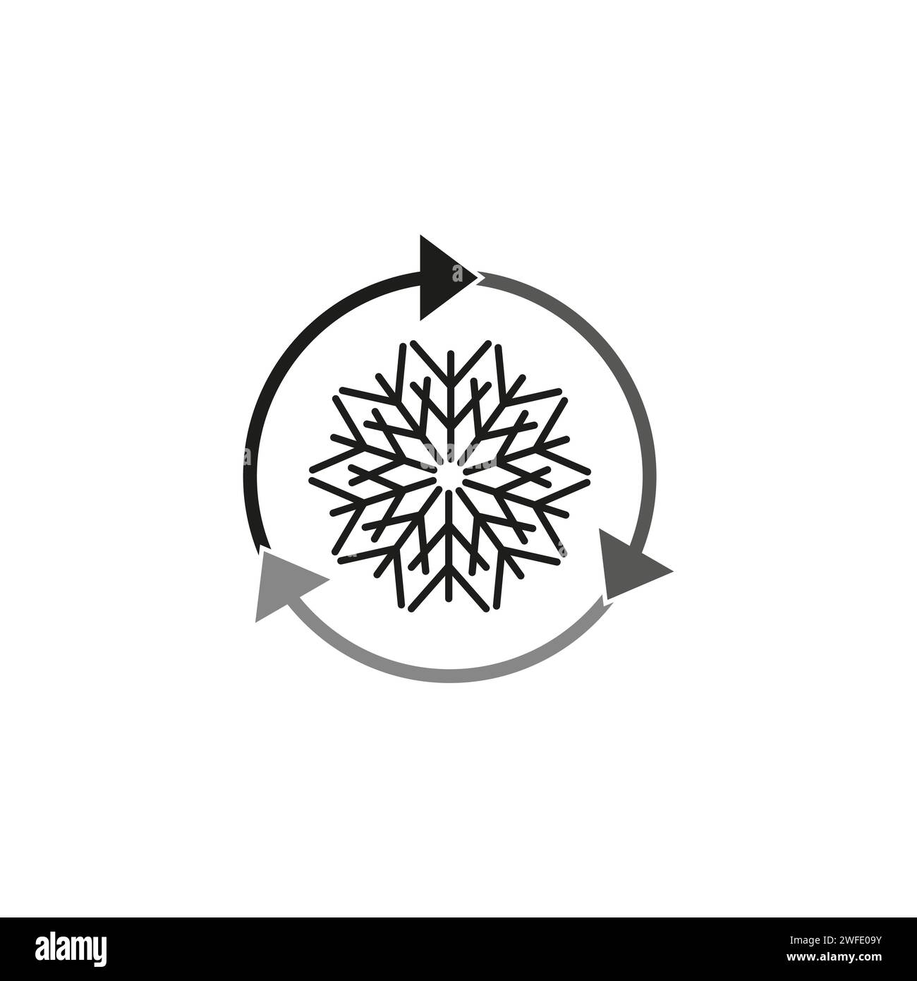 Freezer control icon. Conditioning car or house icon. Auto cooling or defrost icon. Snowflake with three rotation arrows. Vector illustration. EPS 10. Stock Vector