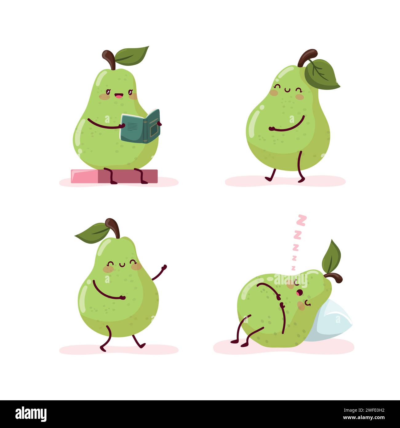 Set of cute pears that read, walk, dance and sleep Stock Vector