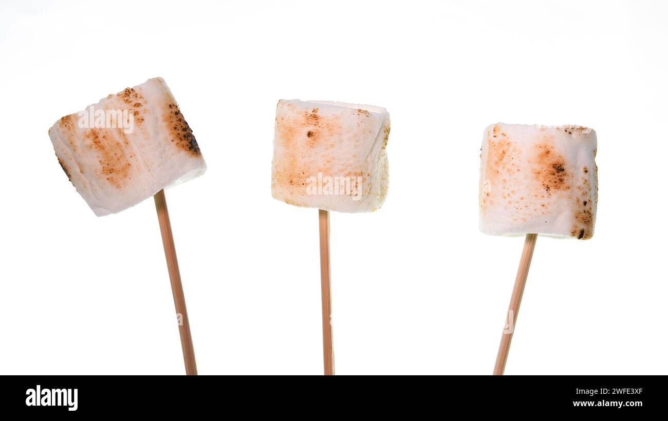 Bamboo sticks with roasted marshmallows on white backgrop Stock Photo