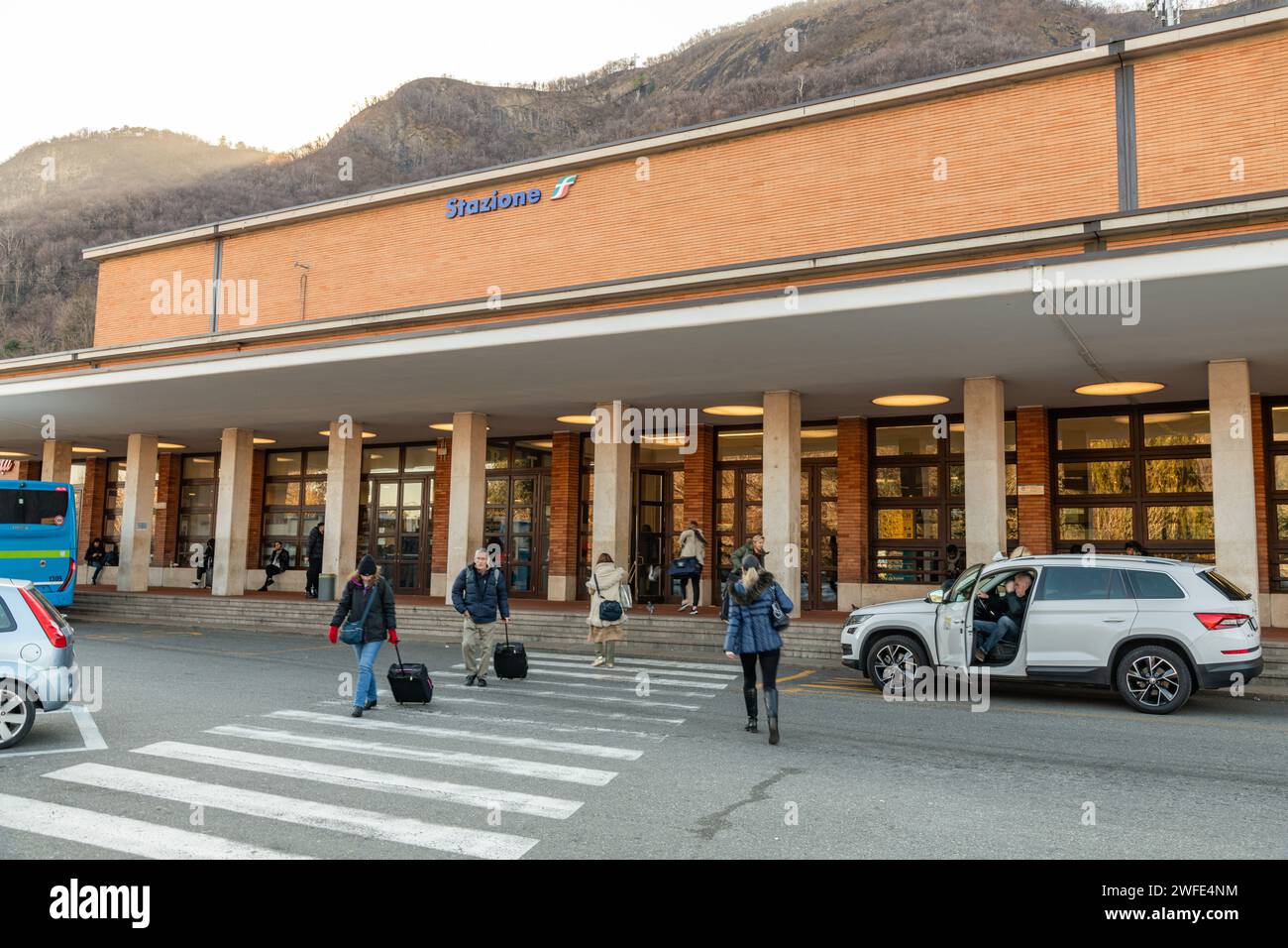 The main exterior entrance to the Como San Giovanni train station in Como, Italy Stock Photo