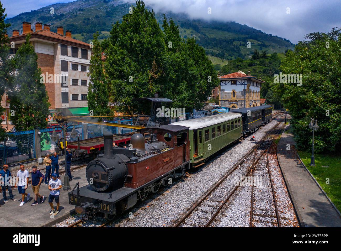 Aerial view Azpeitia old steam train car in the Basque Railway Museum ...