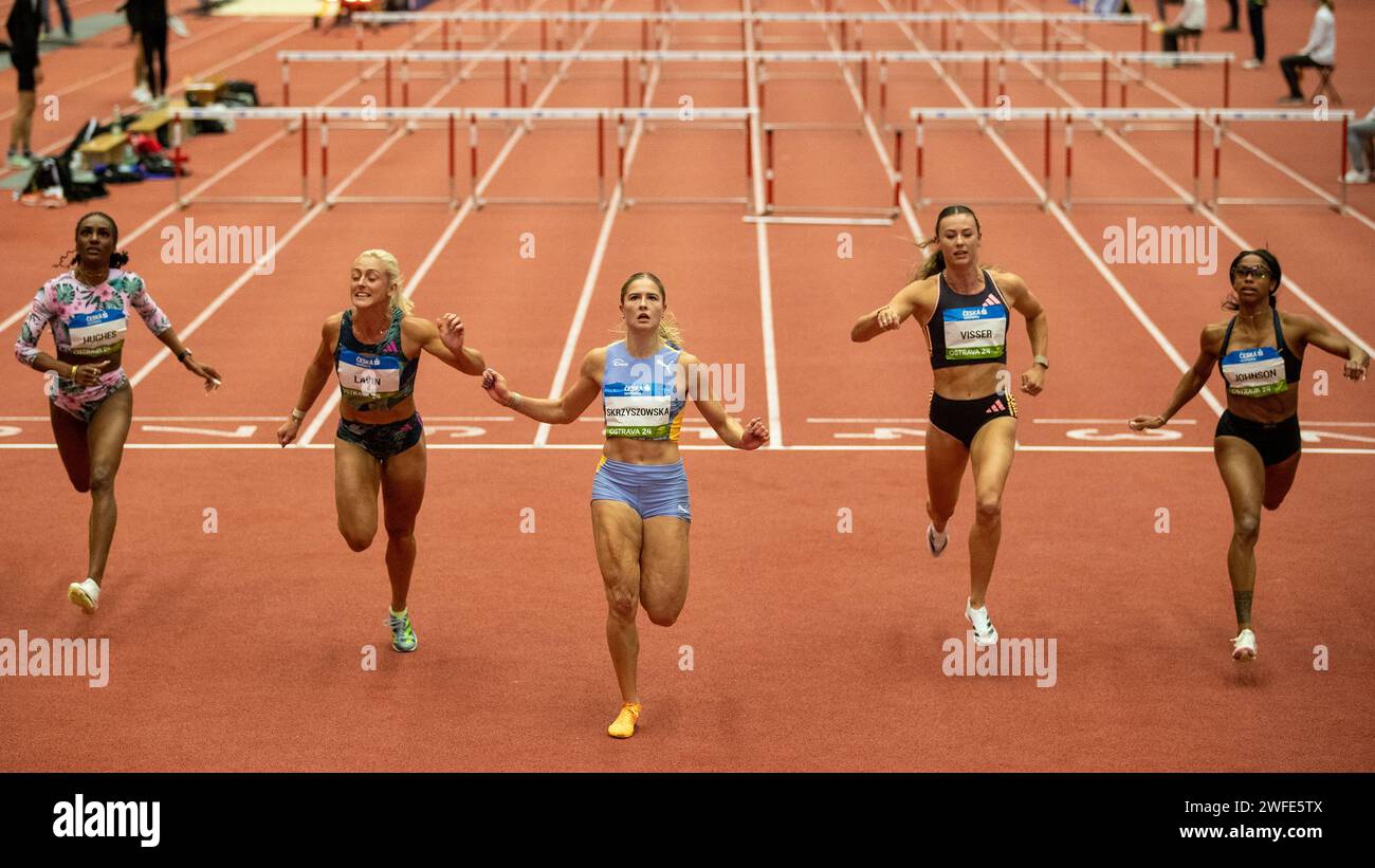 Ostrava, Czech Republic. 30th Jan, 2024. (L-R) Amber Hughes of USA, Sarah Lavin of Ireland, Pia Skrzyszowska of Poland, Nadine Visser of Netherlands and Alaysha Johnson of USA compete in women's 60 m hurdles at the Czech Indoor Gala meet, part of the World Athletics Indoor Tour Gold, in Ostrava, Czech Republic, January 30, 2024. Credit: Vladimir Prycek/CTK Photo/Alamy Live News Stock Photo