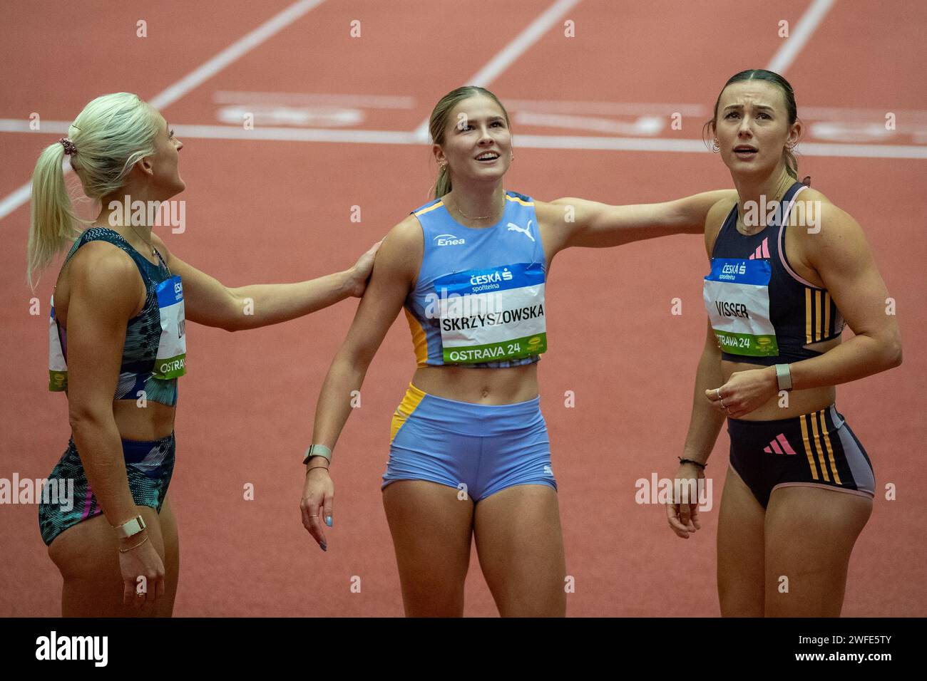 Ostrava, Czech Republic. 30th Jan, 2024. (L-R) Sarah Lavin of Ireland, Pia Skrzyszowska of Poland and Nadine Visser of Netherlands compete in women's 60 m hurdles at the Czech Indoor Gala meet, part of the World Athletics Indoor Tour Gold, in Ostrava, Czech Republic, January 30, 2024. Credit: Vladimir Prycek/CTK Photo/Alamy Live News Stock Photo