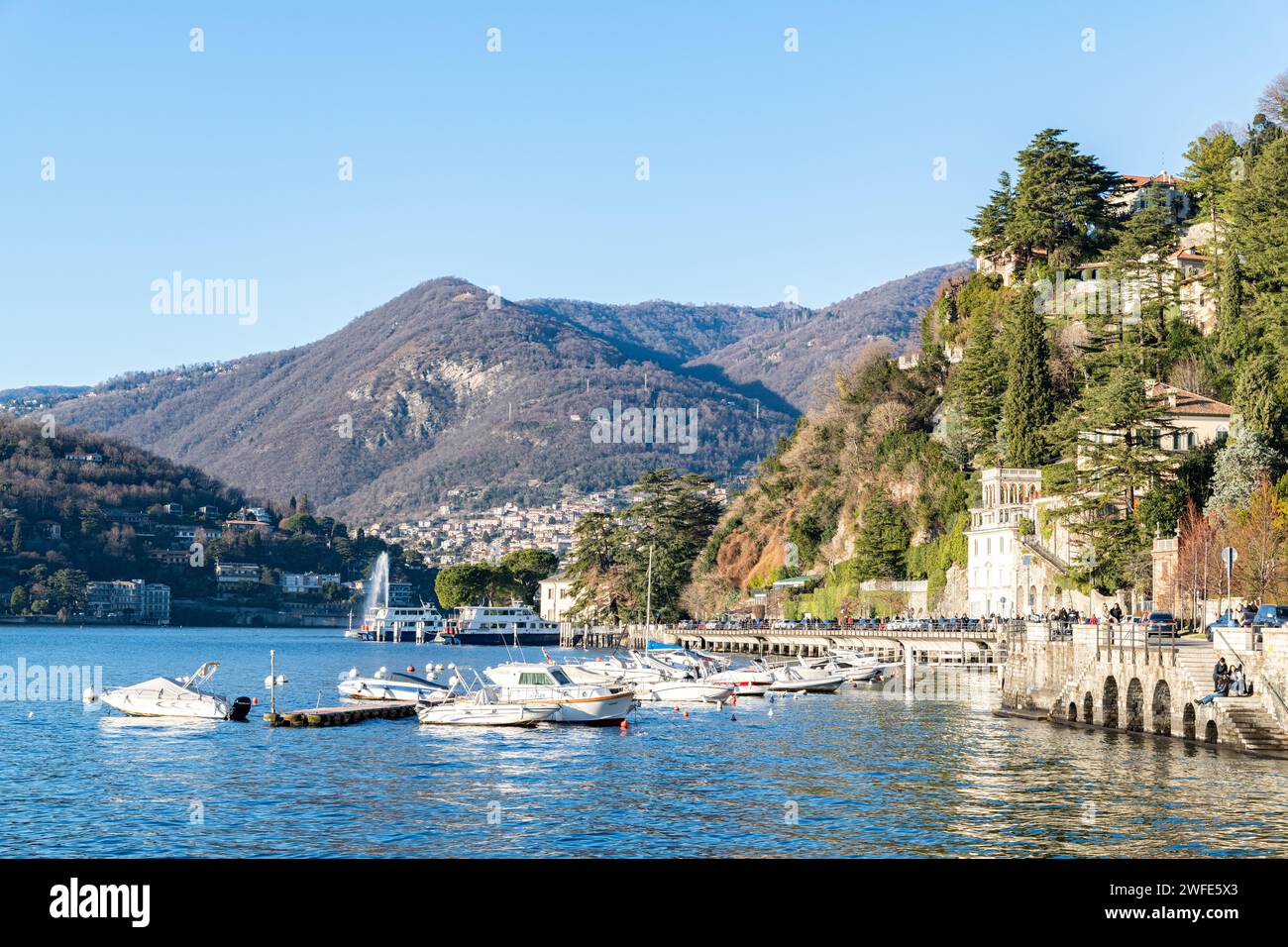 A scenic view of Lake Como / Lago di Como in the Alps mountains in Italy Stock Photo
