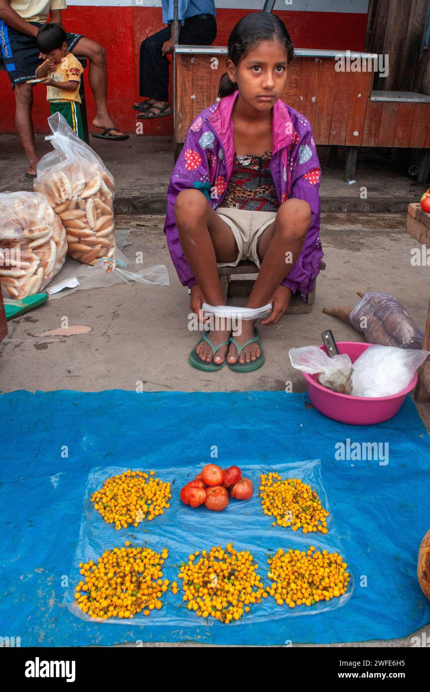 Various Food items for sale at the Indiana Morning Market on the Amazon River Stock Photo