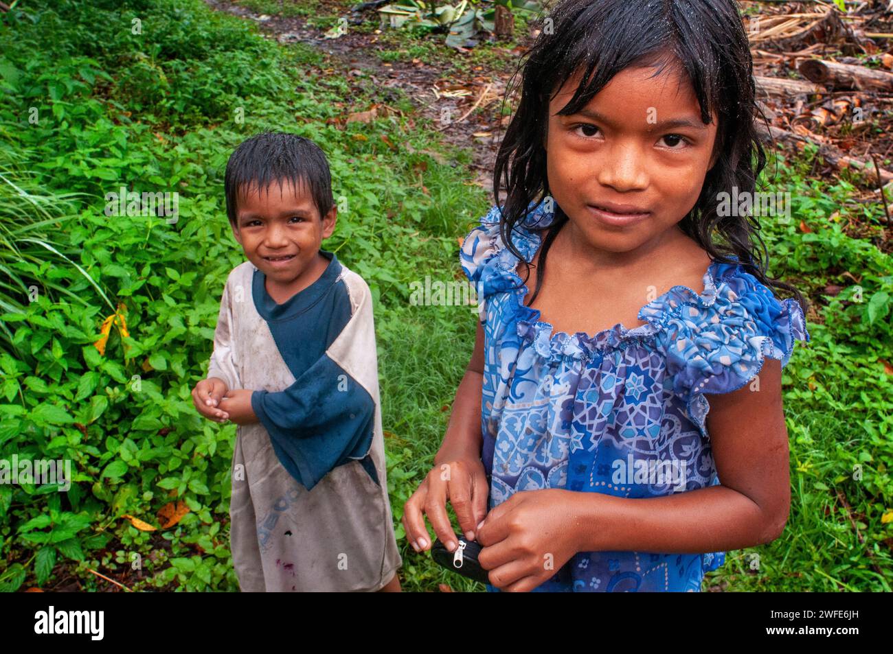 Local children in the riverside village of Timicuro I. Iqutios peruvian amazon, Loreto, Peru Stock Photo