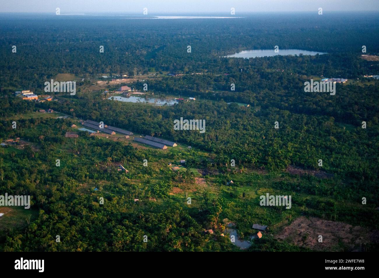 Aerial view of the Amazon Rainforest and Amazon river which comprise the countries of Brazil, Bolivia, Colombia, Ecuador, (French) Guyana, Peru, Surin Stock Photo