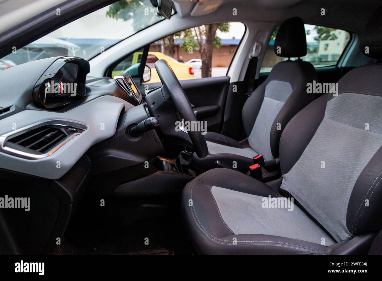Black and gray leather interior of a car Stock Photo